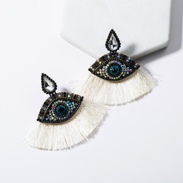 Evil's eye fan-shaped tassel earrings
