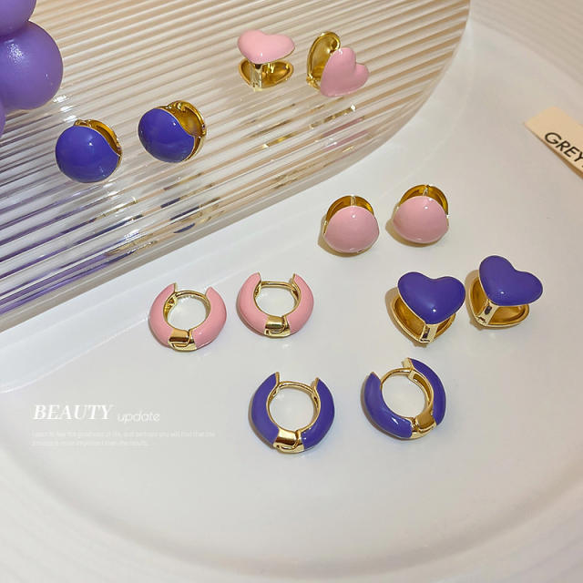 Enamel pink and blue color huggie earrings