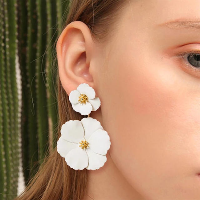 Double-layer flower long dangling earrings