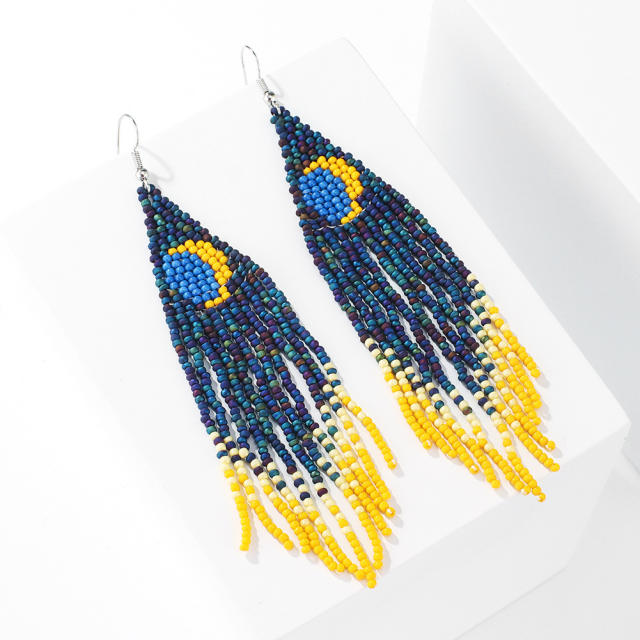 Navy blue color seed beads long tassel earrings