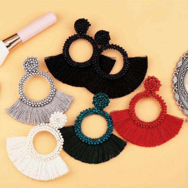 Fashion bohemian seed bead fan tassel earrings