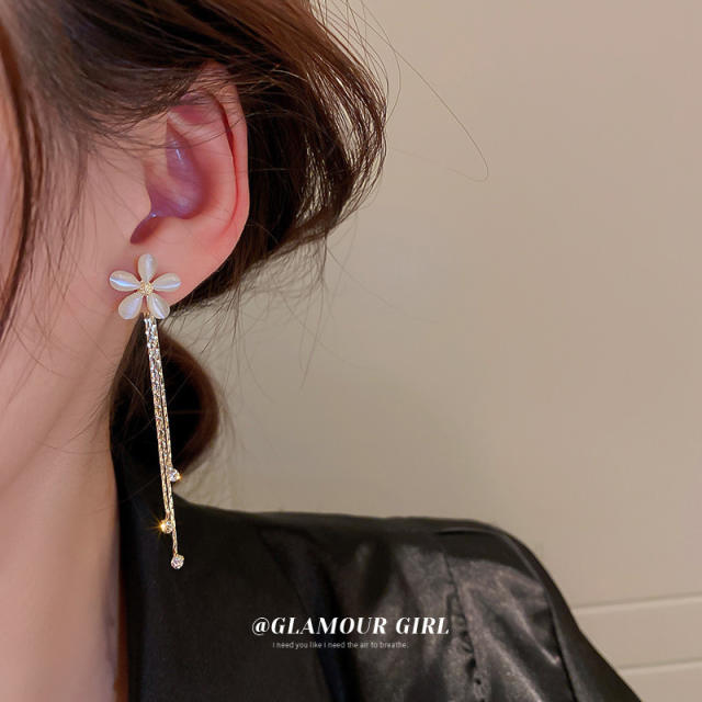 Opal stone flower long tassel earrings