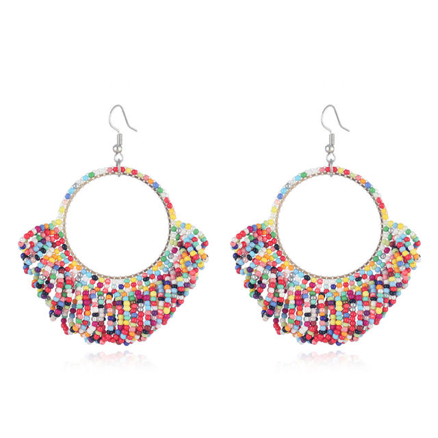 Color seed beads tassel hoop earrings