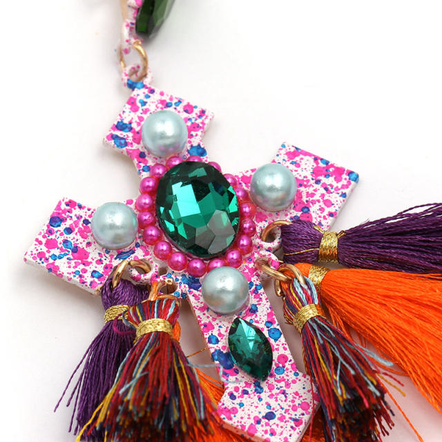 Vintage colorful tassel cross earrings