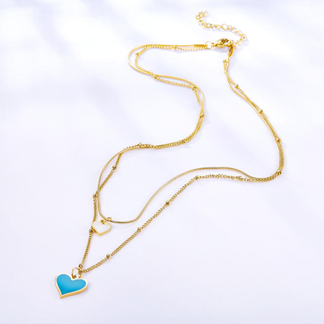 Color blue white heart layer stainless steel necklace