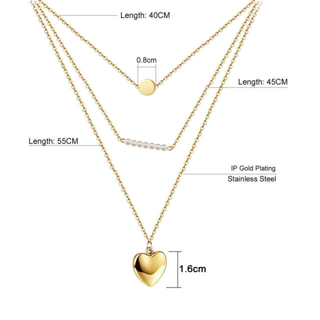 Korean fashion pearl three layer heart stainless steel necklace