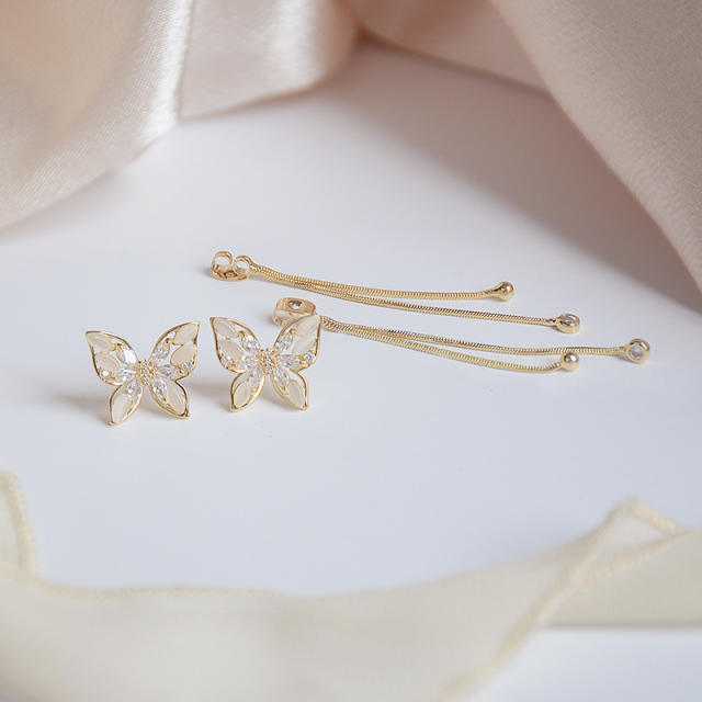 Diamond butterfly chain tassel earrings