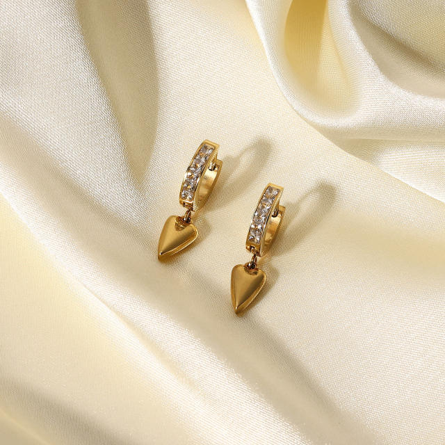 14KG heart charm diamond huggie earrings