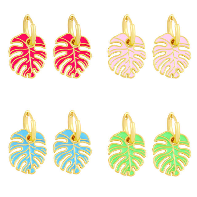 Enamel leaf boho huggie earrings