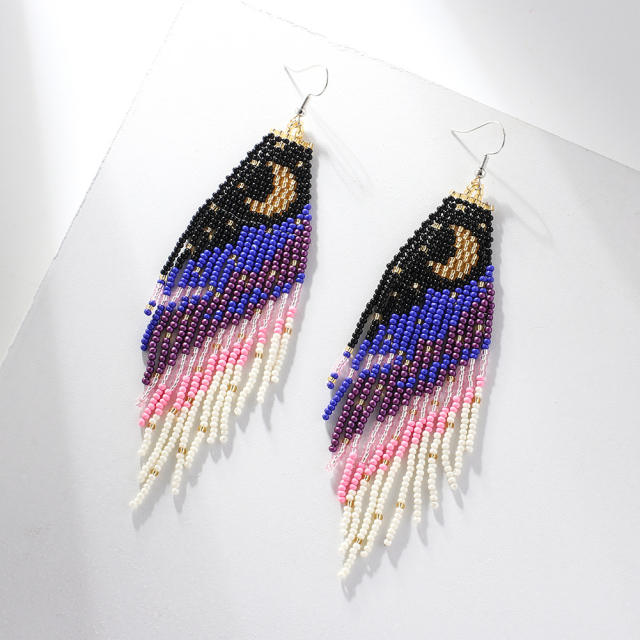 Boho the moon seed beads tassel earrings