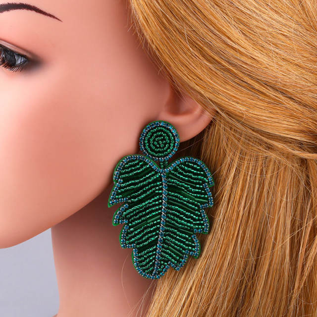 Creative bohemian leaf diamond seed bead earrings