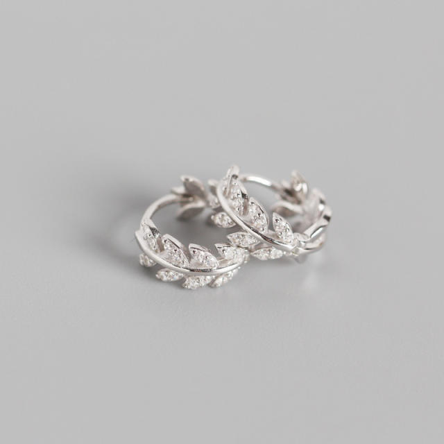 S925 leaf diamond hoop huggie earrings