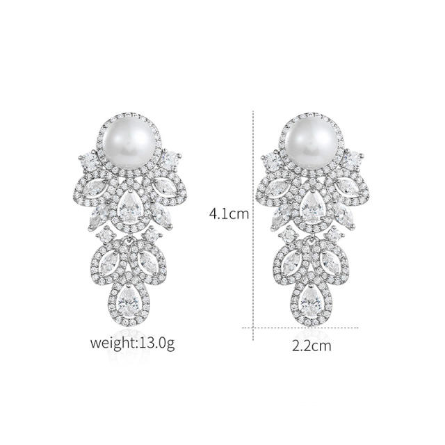 Wedding party diamond pearl earrings