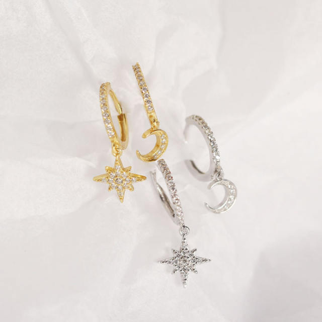 S925 Silver diamond moon star huggie earrings