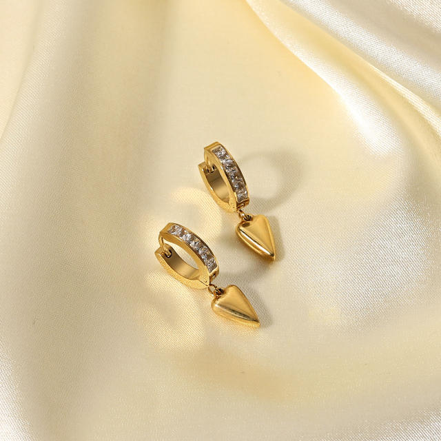 14KG heart charm diamond huggie earrings