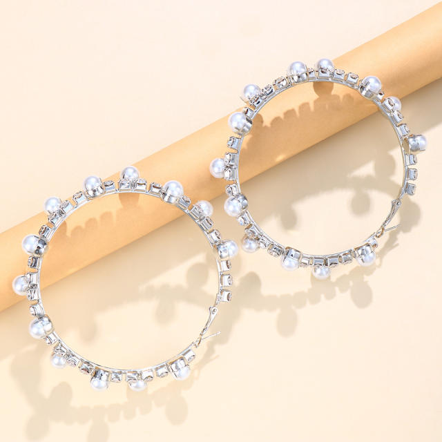 Rhinestone pearl beaded hoop earrings