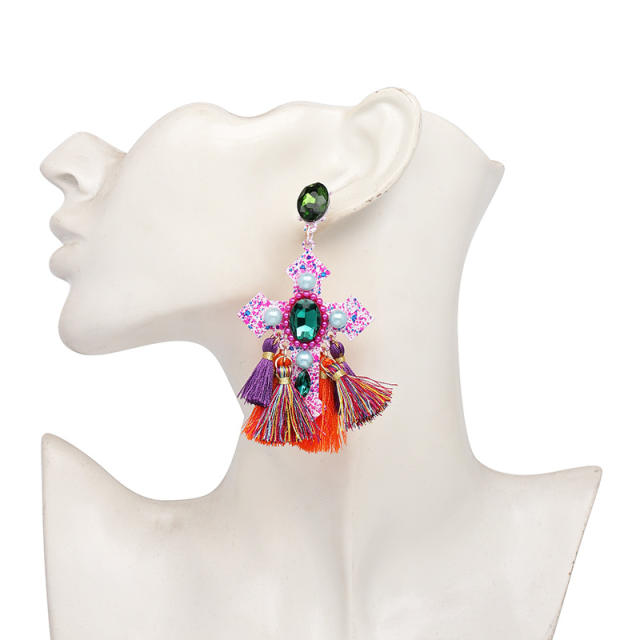 Vintage colorful tassel cross earrings