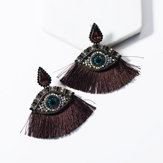 Evil's eye fan-shaped tassel earrings