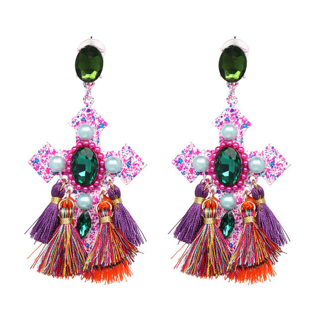 Vintage colorful tassel cross earrings