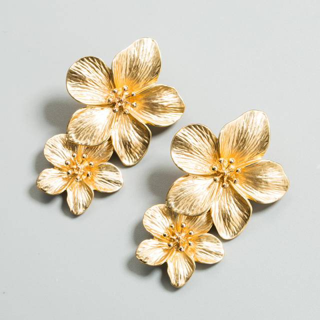 Double-layer alloy flower long dangling earrings