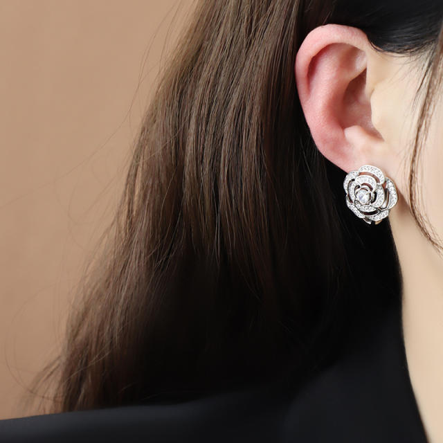 Hollow camellia diamond huggie earrings