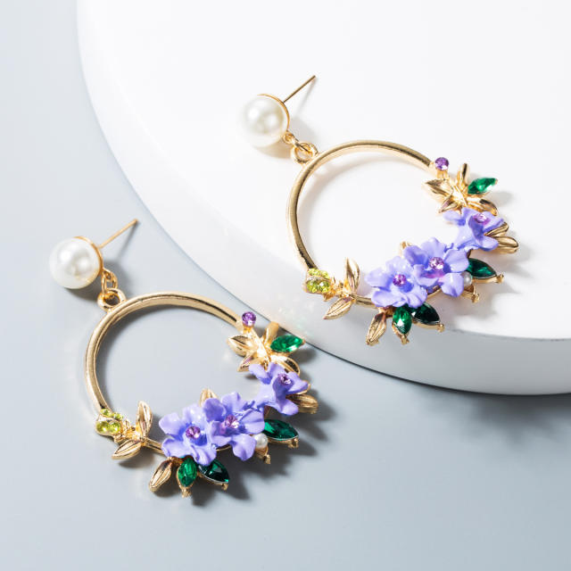 Pearl Flower circle dangling earrings