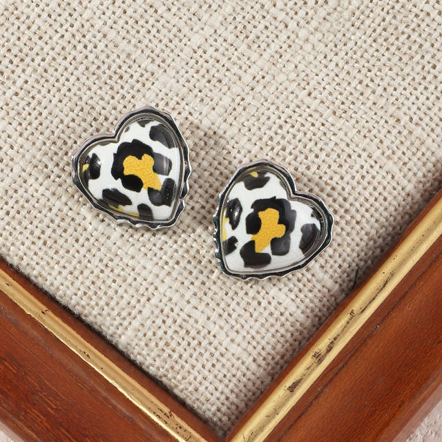 Leopard print flower love heart stud earrings