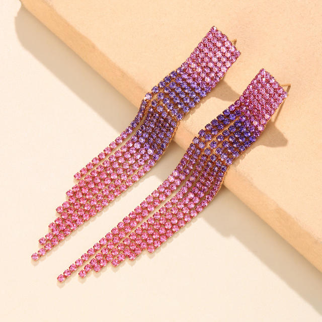Pink color rhinestone tassel earrings