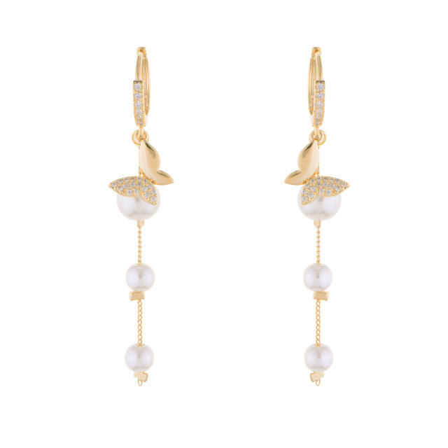 Diamond butterfly pearl tassel huggie earrings