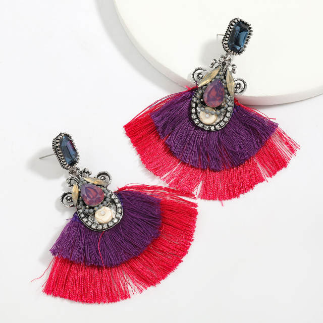 Diamond fan-shaped tassel earrings