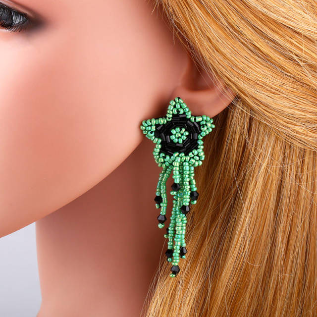 Fashion five-pointed star seed bead woven tassel earrings