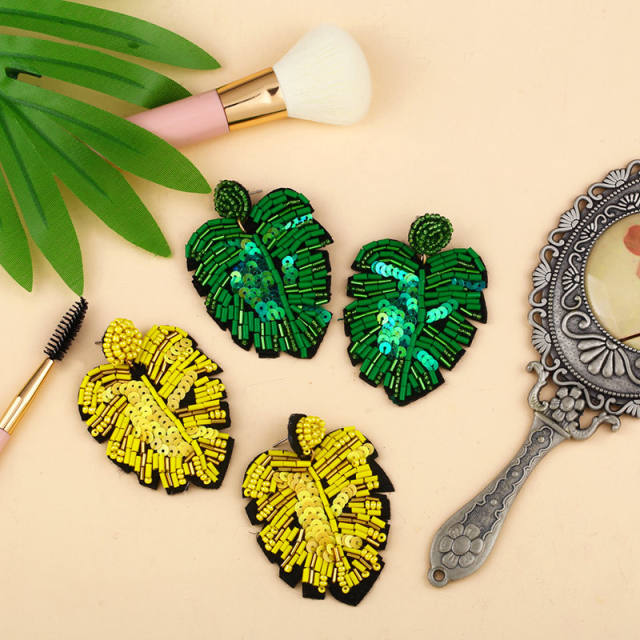 Bohemian leaf seed bead earrings