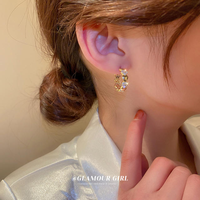 Diamond heart open hoop earrings