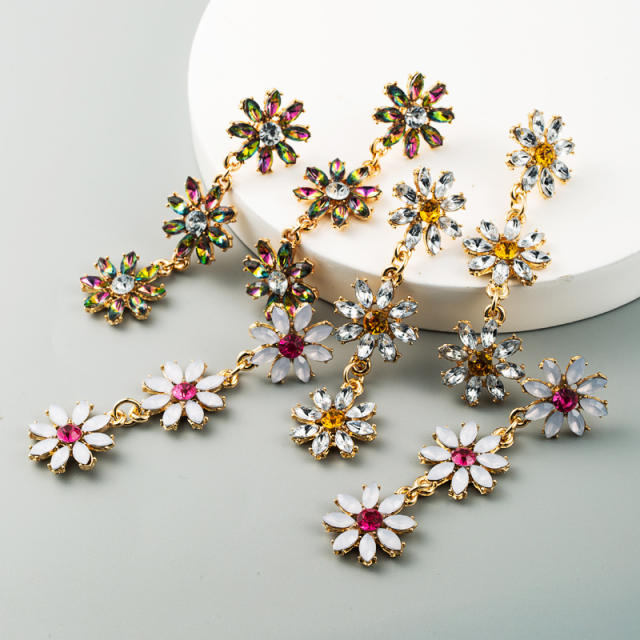 Diamond Flower long dangling earrings