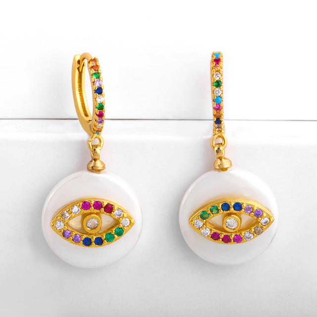 Drop pearl rainbow CZ evil eye huggie earrings