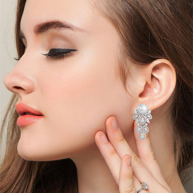 Wedding party diamond pearl earrings