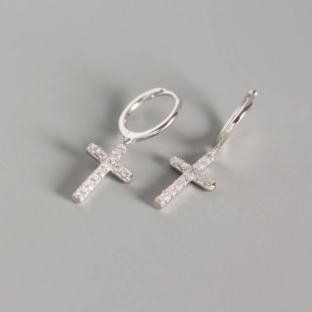 S925 cross diamond huggie earrings