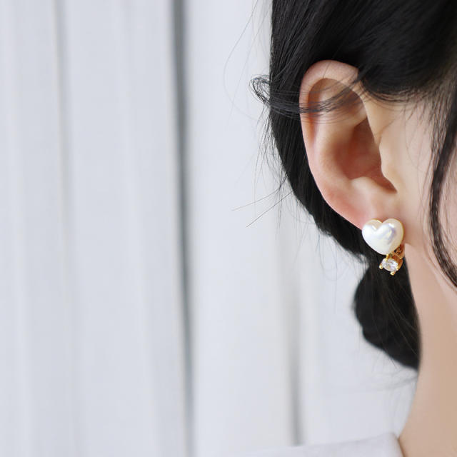 Pearl heart huggie earrings