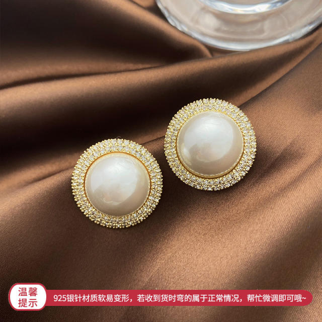 925 sterling silver needle diamond pearl ear studs