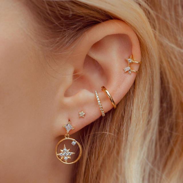 Diamond moon and star butterfly earrings set