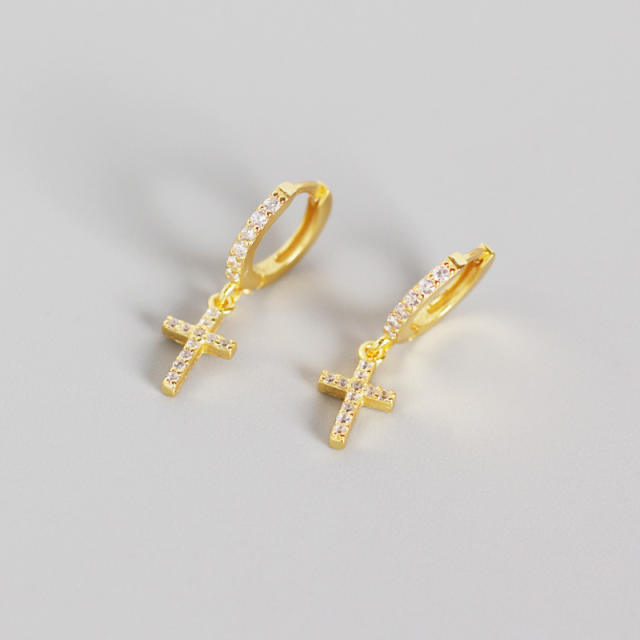 S925 cross diamond huggie earrings