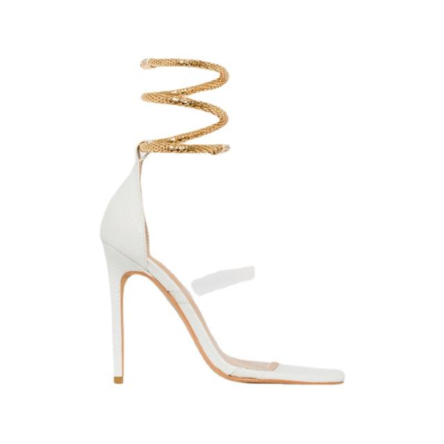 Unique gold color snake design strappy clear heeled sandals