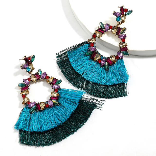 Diamond round double-layered tassel earrings