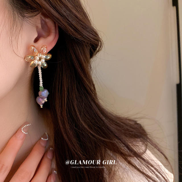 Boho crystal flower dangle earrings