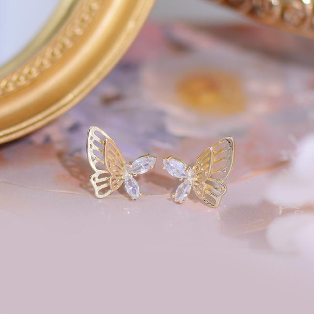 Diamond butterfly hollow ear studs