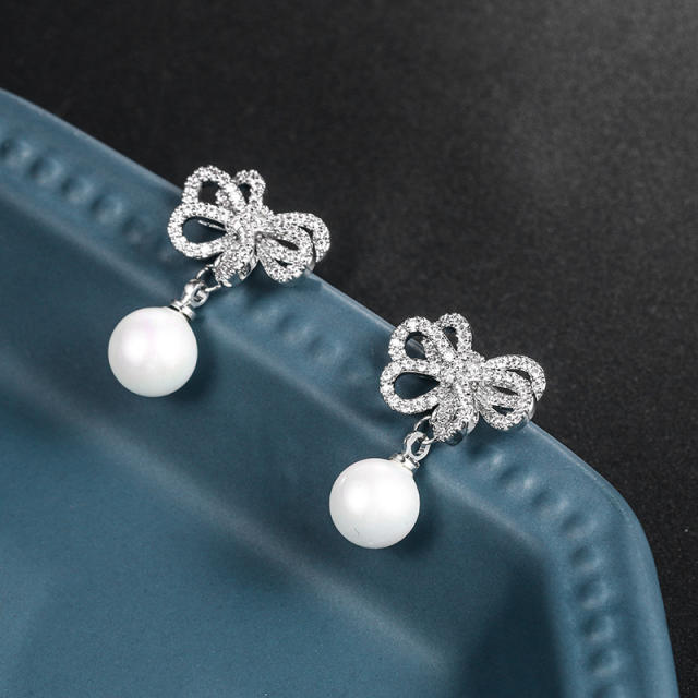 S925 needle diamond bow pearl earrings