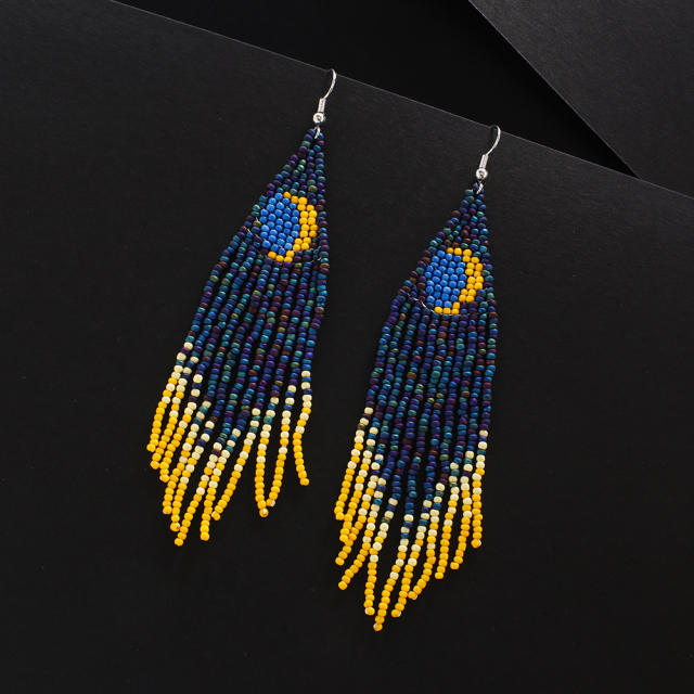 Navy blue color seed beads long tassel earrings