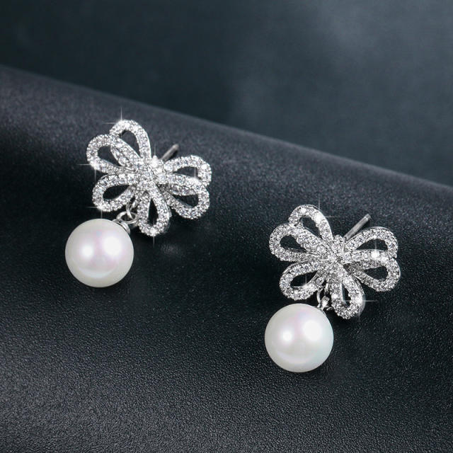 S925 needle diamond bow pearl earrings