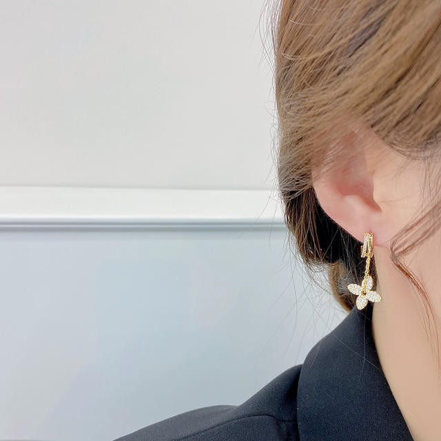 Diamond clover dangle huggie earrings
