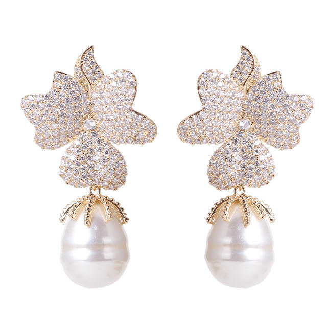 Pave setting color cubic zircon flower pearl earrings